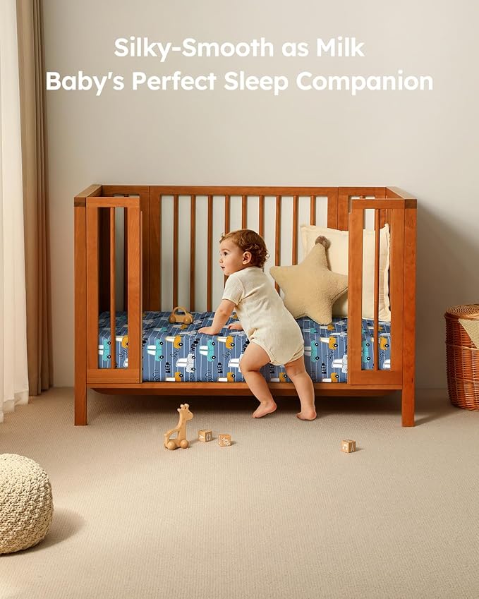Baby Crib Sheets for Boys Girls, 28x52x8in Fitted Crib Sheet Neutral 3 Pack for Standard Crib and Toddler Mattress, Breathable Soft Microfiber Baby Sheet Grey & Blue Car