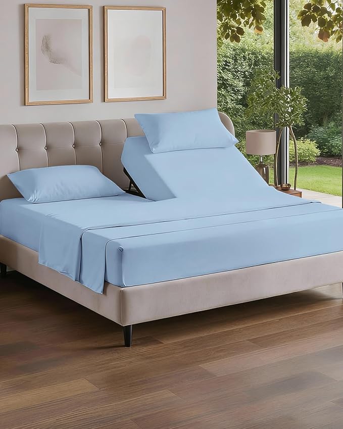 Split Head King Sheet Set – 4 Piece Flex Split Top King Sheets for Adjustable Beds - Fits 14” to 16" Mattress w/ Deep Pockets - Soft, Breathable & Cooling - Luxury Bedding & Wrinkle Free - Light Blue