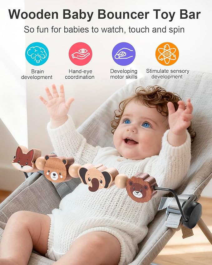 Baby Bouncer Toy Bar Compatible with Baby Bjorn Bouncer, Wooden Toys Attachment Easy to Attach and Remove Sensory Toys for Babies All Ages Christmas Toddler Gifts - Animals