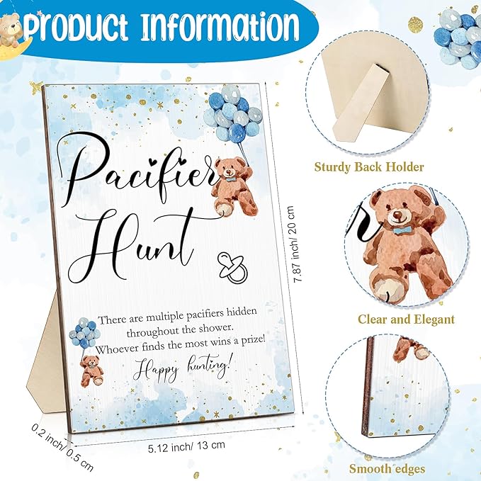Roowest 51 Pcs Pacifier Hunt Baby Shower Game, Include Wooden Hunt Sign Bear Themed Baby Shower Sign Board with 50 Acrylic Pacifier Game for Gender Reveal Party(Blue)