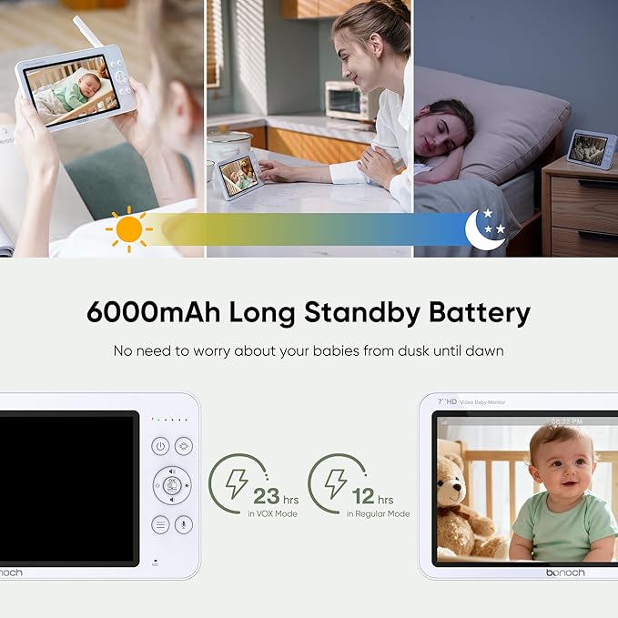 bonoch Upgraded 1080P Baby Monitor with 2 Cameras, 7" MegaView Split Screen Baby Monitor No WiFi, Dual Video Monitor with Camera and Audio, 6000mAh, White Noise, 2 Way Audio, PTZ, Night Vision
