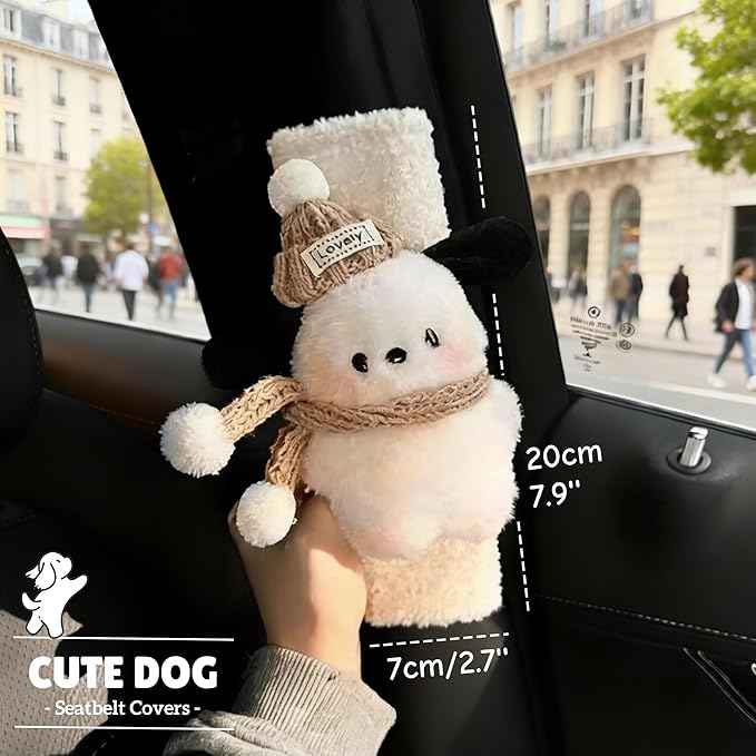 2 PCS Seat Belt Cover Pad, Cute Kawaii Animal Dog Seatbelt Covers for Kids and Adults, Winter Plush Fluffy Soft Seat Belt Cover, Cartoon Seatbelt Cushion,Car Seat Strap Pads (G-Dog(Khaki))