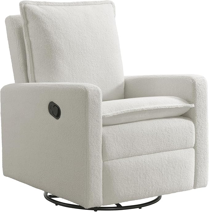 Oxford Baby Uptown Manual Upholstered Glider Recliner Rocking Chair 360° Swivel for Nursery and Living Room – Boucle White