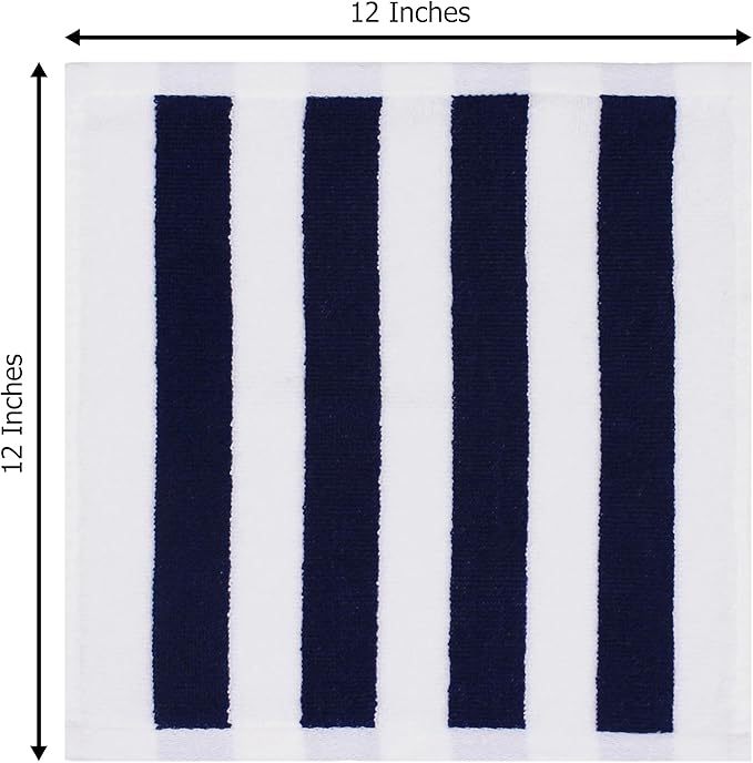 ORIGINAL KIDS Wash Cloth - Set of 12 Cabana Stripe Washcloths - 100% Cotton Yarn-Dyed Terry - 450 GSM Quick Dry Soft Absorbent Gentle Baby Face Towels for Bathroom Travel Daycare - 12 x 12 - Navy