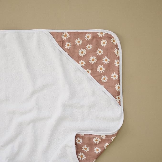 Mebie Baby Hooded Towel, Daisy Dream, 100% Muslin Cotton, Cozy and Breathable Bath Towel for Newborn, Infant & Toddler, Unisex, Floral Pattern, 33.4 x 33.4 inches, 0.79 pounds