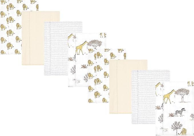 Hudson Baby Cotton Poly Flannel Burp Cloths Multipack, Neutral Safari World 8-Pack, One Size