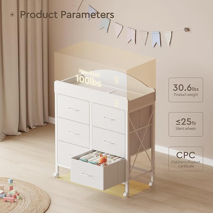 Baby Changing Table Dresser with Wheels, 6-Fabric Drawer Baby Dresser with Changing Table Top, Waterproof Diaper Changing Station & Pad, Mobile Storage Unit, Compact Baby Furniture, White