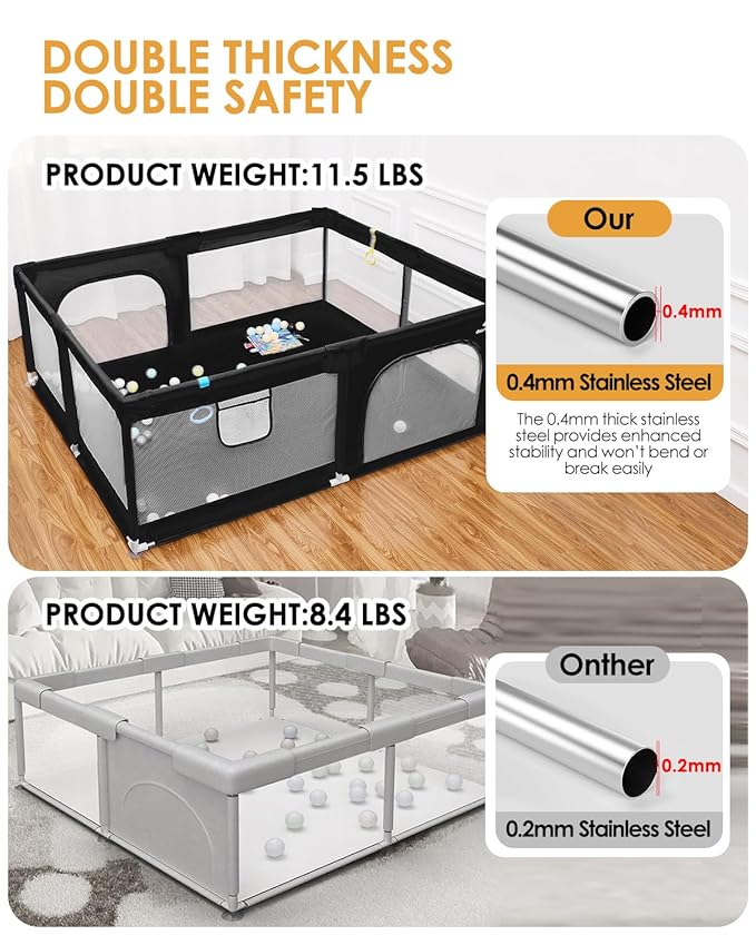 71" x 59" Extra Large Baby Playpen for Babies and Toddlers, Safe Activity Center with Soft Play Fence, Indoor Safety Yard, Easy to Assemble and Clean (Black)