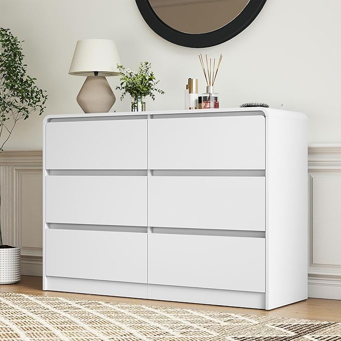 White 6 Drawer Dresser for Bedroom,Modern Chest of Drawer with Curved Corner and No-Handle Design,Bedroom Storage Organizer Dresser for Closet,Hallway
