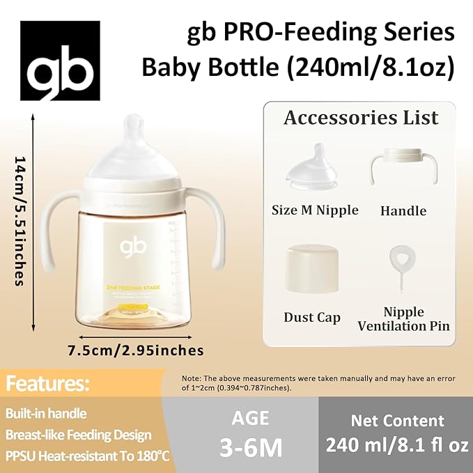 gb Feeding Series 2nd Stage Baby Bottle 8oz 240ml PPSU BPA-Free, Anti-Colic, Soft Silicone, Ergonomic Handle, Easy to Clean, Ideal for Newborn Essentials & Breastfeeding, 3-6 Months