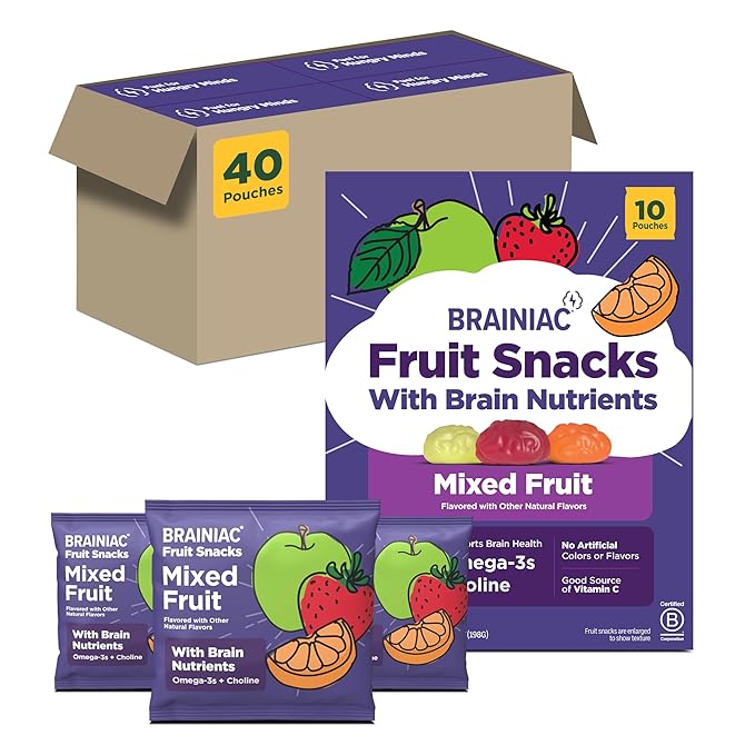 Brainiac Fruit Snacks, Mixed Fruit, Brain Boosting Patented BrainPack Ingredients with Omega-3s DHA/EPA and Choline, Functional and Nutritious Snacks, 40ct
