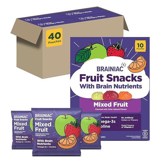 Brainiac Fruit Snacks, Mixed Fruit, Brain Boosting Patented BrainPack Ingredients with Omega-3s DHA/EPA and Choline, Functional and Nutritious Snacks, 40ct