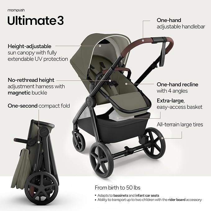 Mompush Ultimate 3 Full Size Baby Stroller from Newborn to 50 lbs - All-Terrain Large Wheels with Full Suspension, Reversible & Extendable Seat for Growing Kids, One-Second Compact Fold