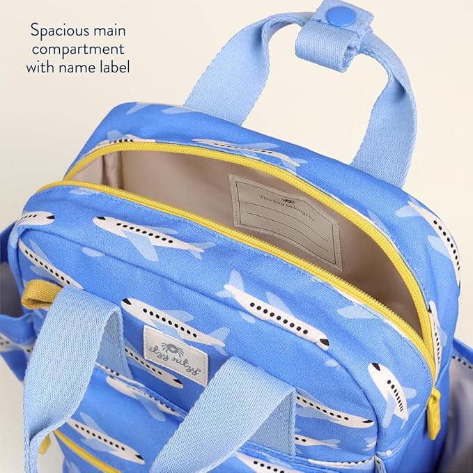 Itzy Ritzy Toddler Backpack - Daycare Bag - Features Adjustable Shoulder Straps, 2 Side Pockets & Spacious Interior with Wipeable Fabric Lining & Name Label, Airplane