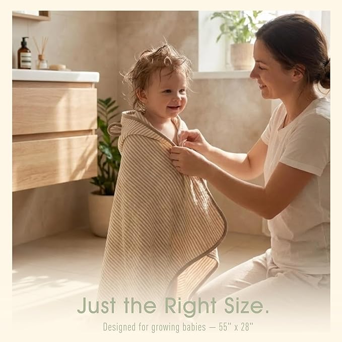 Ultra-Soft Muslin Toddler Hooded Towel – 55 x 28 Inches, Made with Organic Cotton, Gender-Neutral Warm Brown Striped Jacquard Pattern, Ideal for Bath & Beach, Newborn to Toddler
