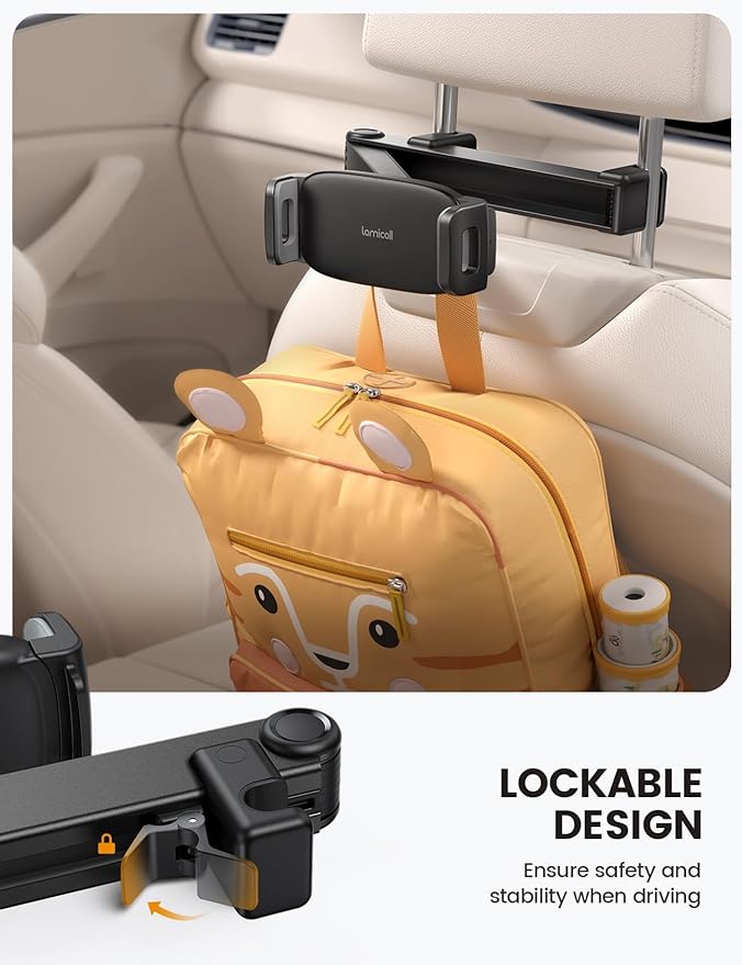 Lamicall Car Headrest Tablet Holder - [Lockable] [3 in 1 Extension Arm] Upgrade Tablet Mount for Car Backseat, Gifts Road Trip Essentials for Kids, for iPad Pro, Air, Mini, Fire HD, 4.7-13" Tablets