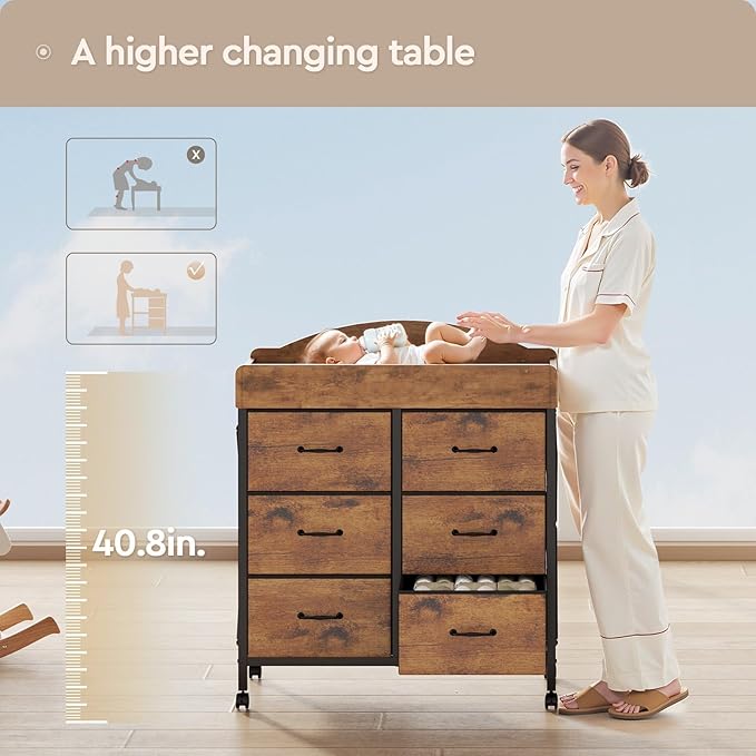 Baby Changing Table Dresser with Wheels, 6-Fabric Drawer Baby Dresser with Changing Table Top, Waterproof Diaper Changing Station & Pad, Mobile Storage Unit, Baby Furniture, Rustic Brown