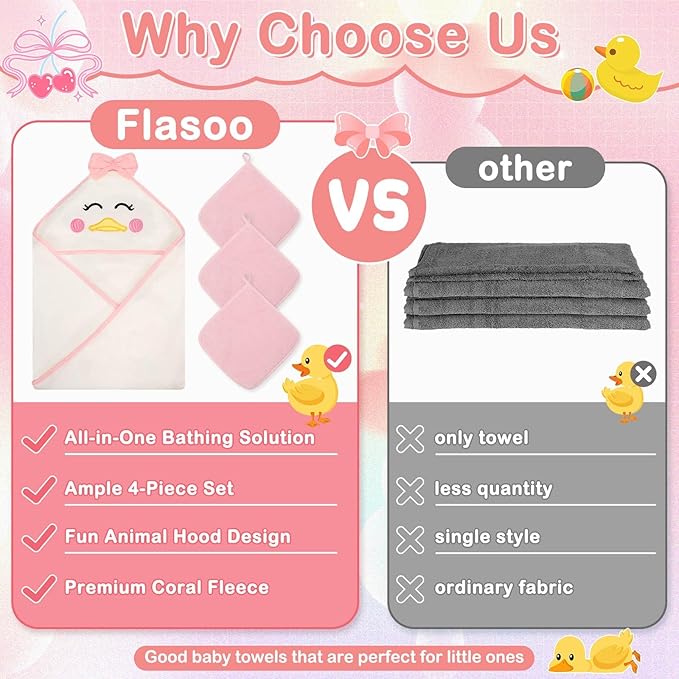 4 PCS Baby Towels Set, Soft Baby Towels and Washcloths Set, 1 Hooded Baby Towel and 3 Baby Washcloths for Newborns, Toddlers, and Kids, 32x32 Baby Towel with Hood for Boy and Girl (Pink Duck)