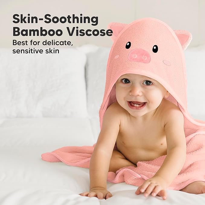 KeaBabies Hooded Baby Towel for Newborn - Viscose Derived from Bamboo Large Baby Bath Towels with Hood for Boys, Girls, Toddler, Extra Absorbent & Soft Newborn Bath Essentials (Piglet, Regular)