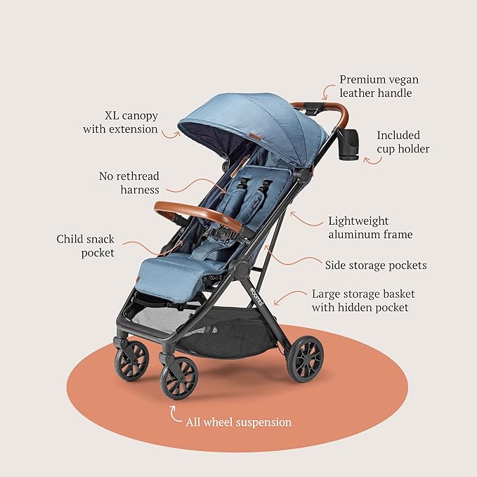 Bombi Bēbee V2 Lightweight Baby Stroller - Premium Vegan Leather, One-Hand Fold, Infinite Recline, Aircraft-Grade Aluminum Frame, XXL Canopy, and Ample Storage Umbrella Stroller - Storm Blue