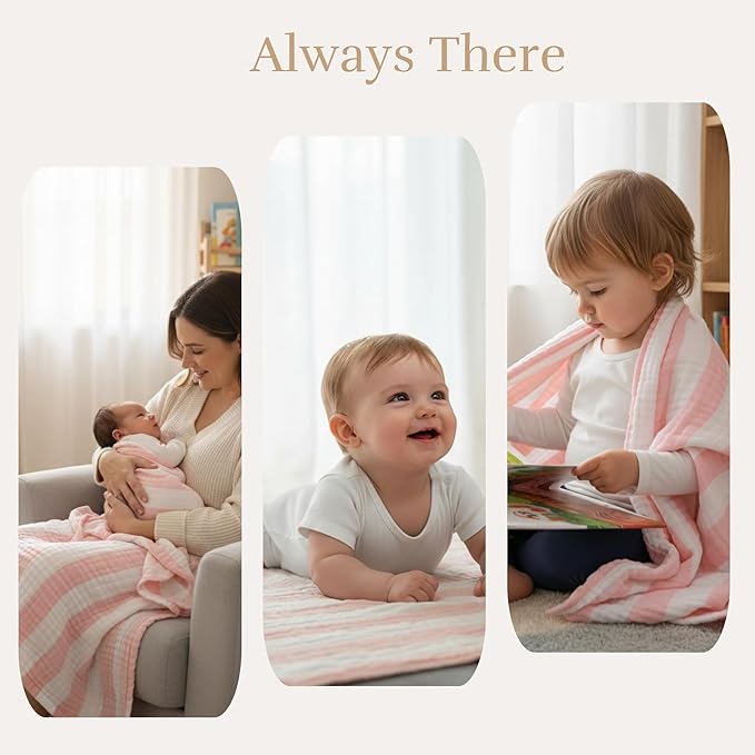 Muslin Baby Towel 5 Pieces Set, 100% Organic Cotton, Soft & Absorbent for Newborns to Toddlers, Baby Registry or Shower Gift (Pink Striped)