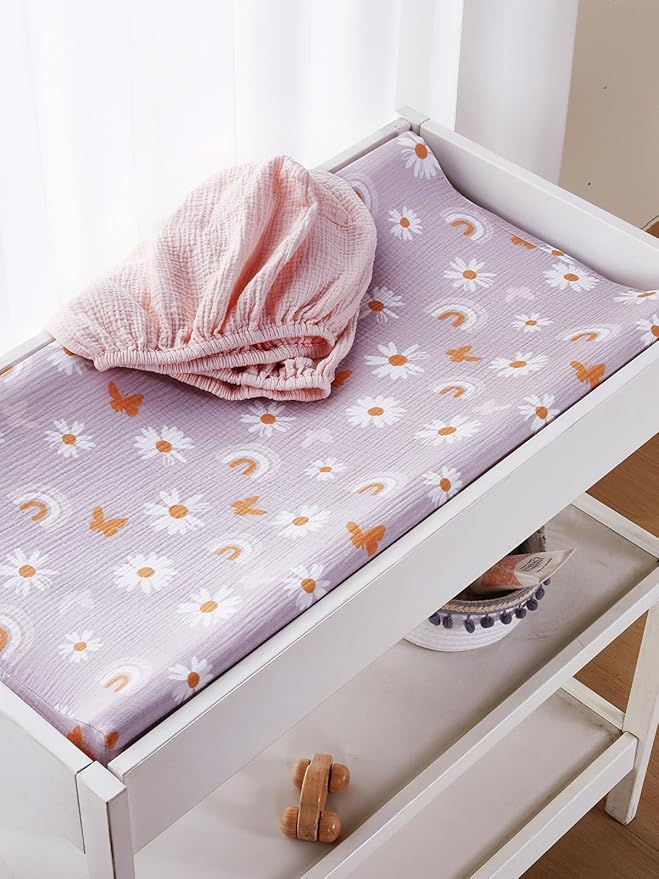TILLYOU Muslin Changing Pad Cover for Baby Girls Boys, Soft and Breathable Cotton Diaper Changing Table Cover, 2 Pack(Pink Butterfly)