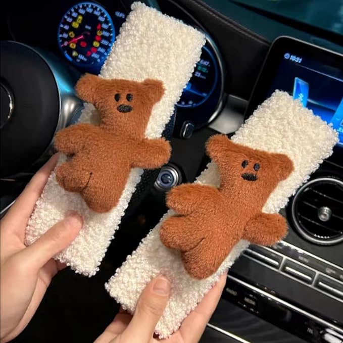 2 PCS Seat Belt Cover Pad, Cute Kawaii Animal Bear Seatbelt Covers for Kids and Adults, Winter Plush Fluffy Soft Seat Belt Cover, Cartoon Seatbelt Cushion,Car Seat Strap Pads (C-Bear)