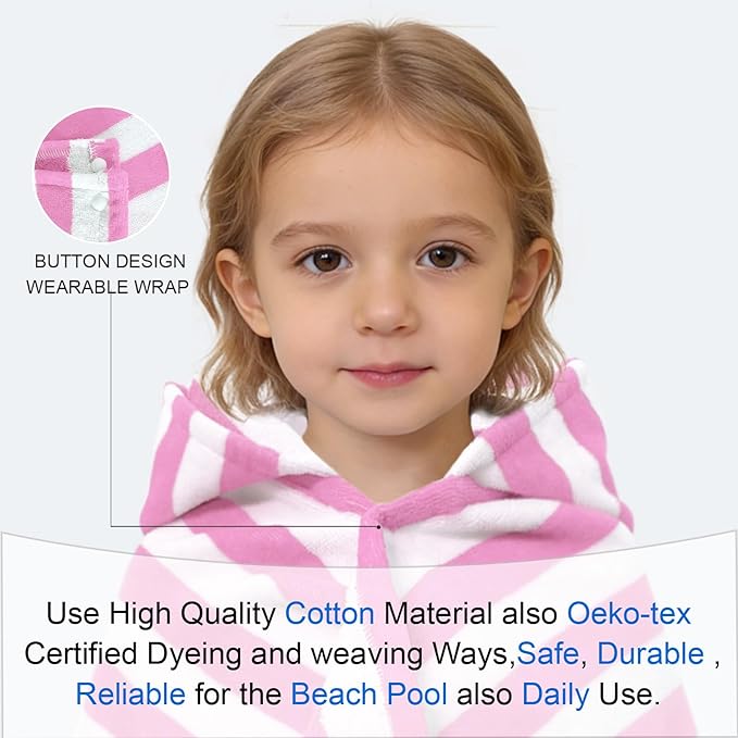 VOOVA & MOVAS Toddler Hooded Bath Towel 0-3T, 25''X40, Soft | Thick | 100% Cotton | Absorbent Towel Wrap for Baby, Perfect for Beach, Pool, Bath, Swimming,Pink Stripe