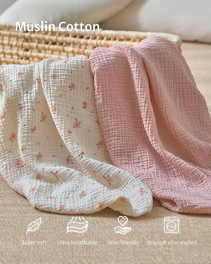 Blissful Diary Muslin Bassinet Sheets for Baby Girls Boys, Boho Soft Cotton Fitted for Oval Hourglass Rectangle Mattress, 2 Pack(Pink Floral&Light Pink)