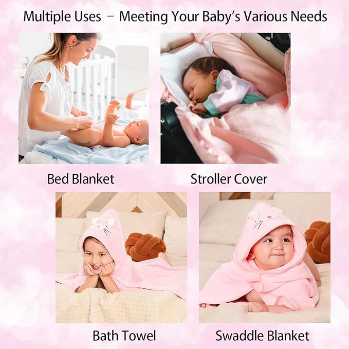 12 PCS Baby Bath Towels Set, 3 PCS Hooded Baby Towels & 9 PCS Washcloths, 32x32 Inches Ultra Absorbent Cute Soft Newborn Essentials Gift for Boys & Girls (Pink + Brown + Blue)