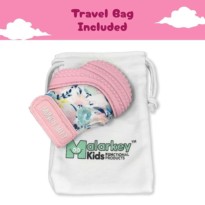 Malarkey Kids Patented Teething Mitten, Munch Mitt Baby Chew Toy - Protects Hands from Chewing & Saliva, Heals Aching Gums, Promotes Sound & Visual Stimulation for Babies - Pink Floral