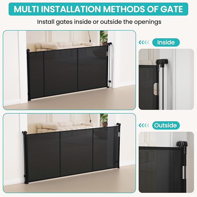 Upgrade Retractable Baby Gates Extra Wide (200" W x 42" H), 200 inch Reinforced Retractable Dog Gate to Prevent Crawling Through, Retractable Gate Outdoor/Indoor, Real One-Handed Operation, Black