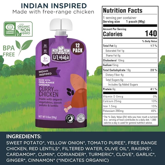 Li'l Hala Foods - Baby Meat Pouches - Chicken Curry (12 Pack) | | Baby Food Purees with Protein, Healthy Fats & Fiber from Real Meat & Organic Veggies | 6+ Months Baby Meals