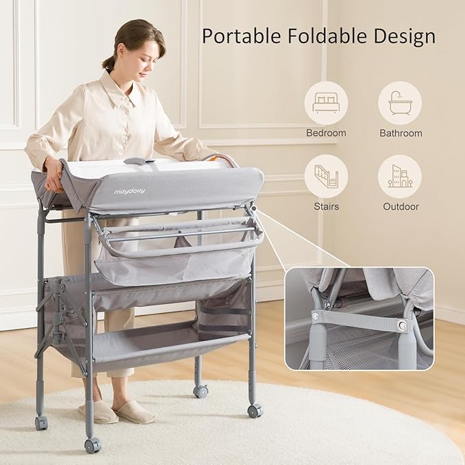 Maydolly Baby Changing Table, Portable Foldable Changing Table, Waterproof Diaper Changing Station, Adjustable Height Changing Station, Mobile Nursery for Newborn and Infant