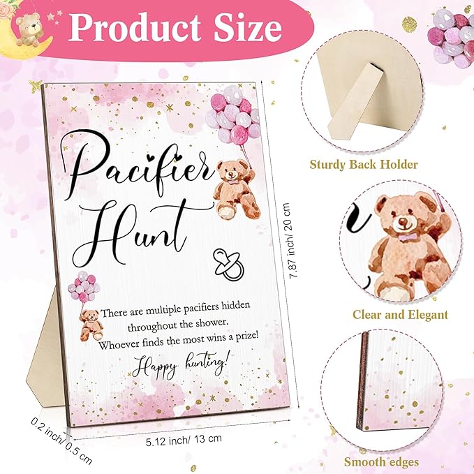 Roowest 51 Pcs Pacifier Hunt Baby Shower Game, Include Wooden Hunt Sign Bear Themed Baby Shower Sign Board with 50 Acrylic Pacifier Game for Gender Reveal Party(Pink)