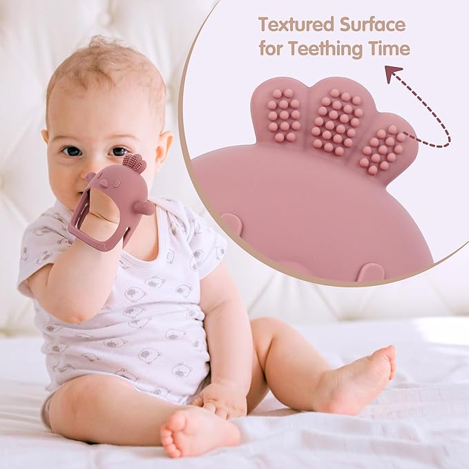 Baby Teether Toy for Infants 3–12 Months, Silicone Chew Toy with Easy Grip Handle, Textured Surface for Teething Stage, One-Piece Design, Lightweight Travel-Friendly (Chicken Dark Pink)