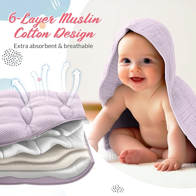 6 Pcs Muslin Hooded Bath Towels Washcloths and Bibs Set, Muslin Cotton Baby Towels Absorbent Hooded Blanket Towel Infant Bibs for Boys Girls Newborn Infant Essential(Pink, Purple)