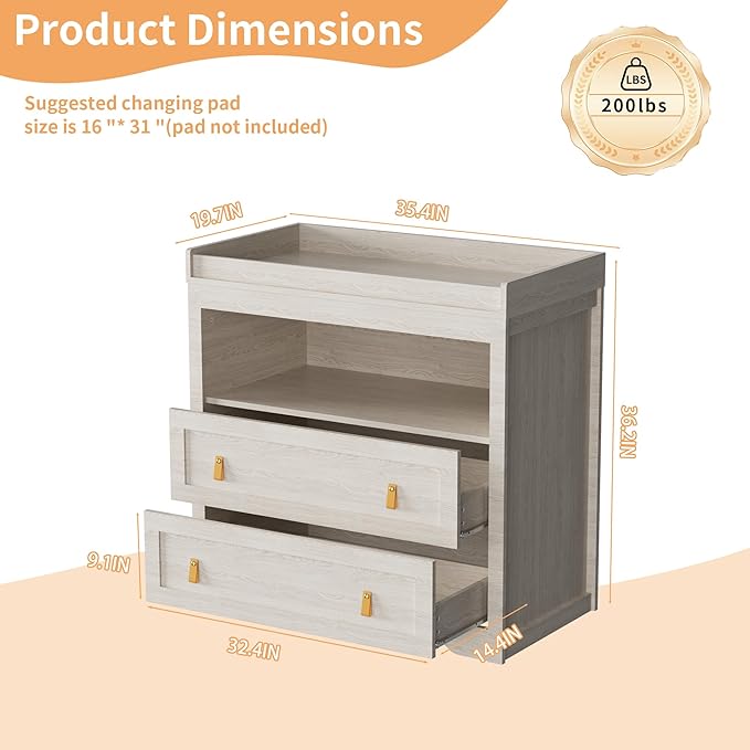 Baby Dresser Changing Table with 2 Drawers 35.4" Changing Table Dresser with Changing Table Top and 1 Open Shelf Diaper Changing Station with Storage for Nursery Children's Room Beige