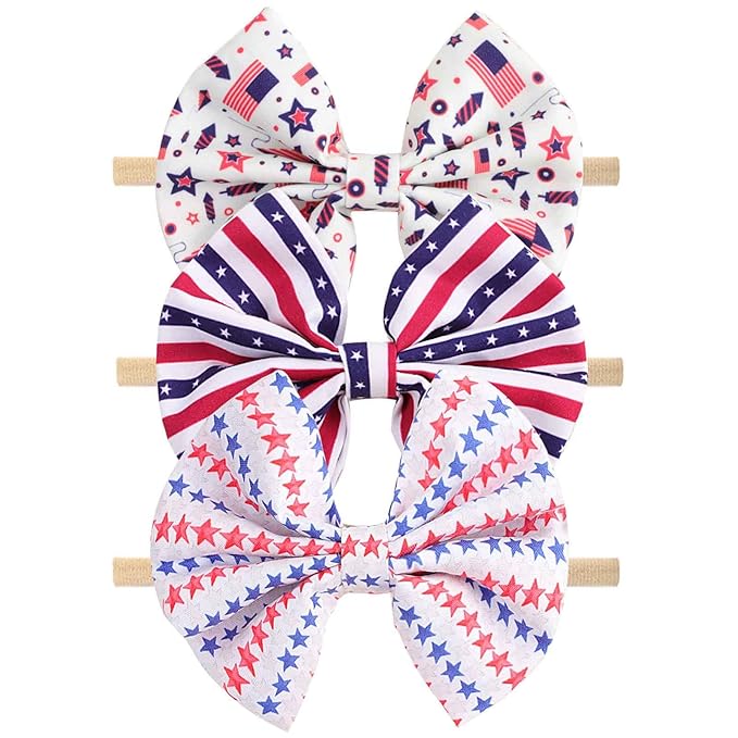 4th of July America Flag Baby Headbands Cheer Bow, Baby Girls Red White Blue Star Spangled Patriotic Hair Bow for Newborns Toddlers Small Children,3 Pcs (America Flag-C)