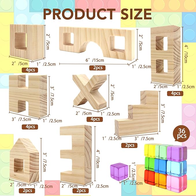 Wooden Building Blocks Set for Kids, 60 PCS Rainbow Acrylic Gem Cubes Stacking Blocks, Montessori Stacking Toy for Toddlers Educational Toy Early Learning Gifts for Boys Girls 3-6