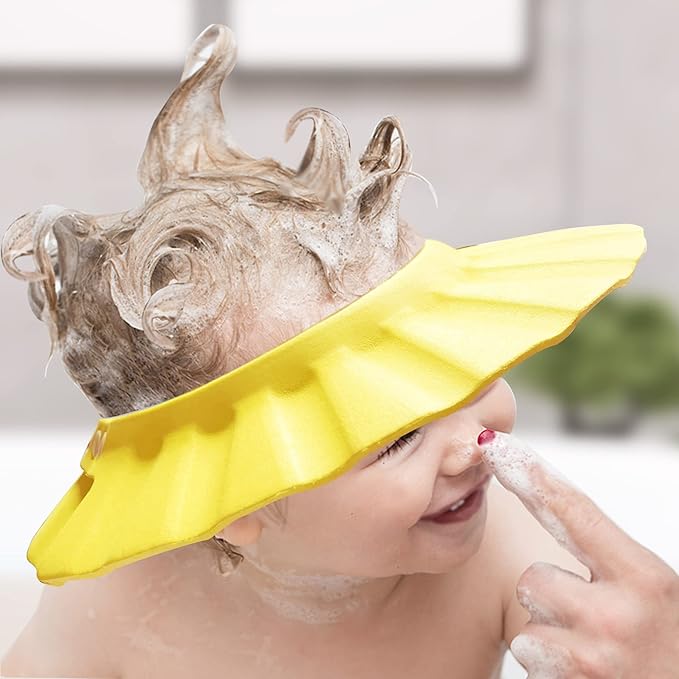 Soft Adjustable Baby Shower Cap - Head Visor for Washing Hair, Bathing Protection - Toddler, Kids, Children Bath Cap (Yellow)