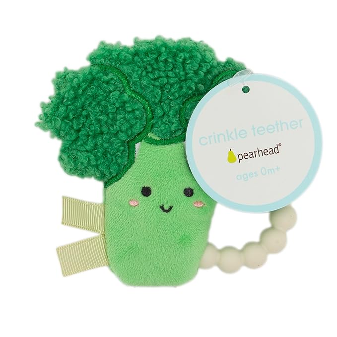 Pearhead Plush Broccoli Baby Teether with Crinkle Sound, BPA-Free Silicone Teething Ring & Soft Sensory Rattle, Infant Gum Soother for Newborns, 0 Months+