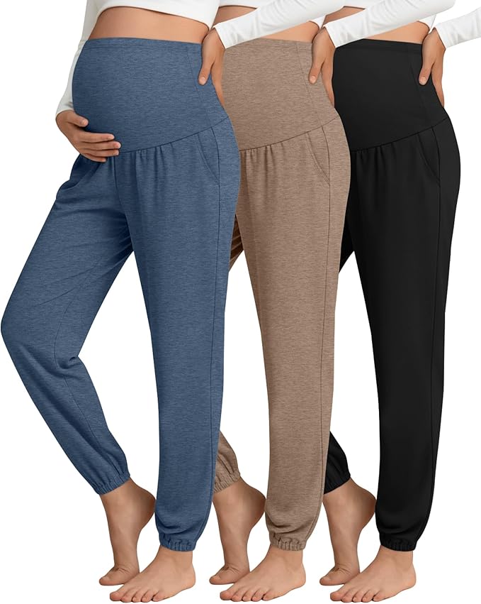3 Pack Women's Maternity Pants Maternity Jogger Sweatpants Over The Belly Stretchy Pregnancy Pants with Pockets