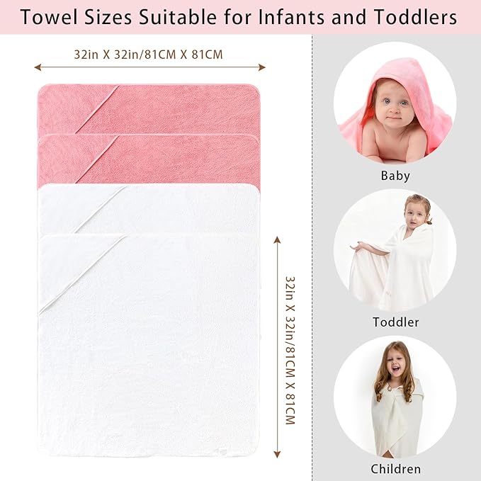 4 Pack Hooded Baby Towels, 32x32 Inch Absorbent Bath Towels, Soft Coral Fleece Hooded Towel for Newborns, Infants, and Toddlers – Baby Bath Essentials (2X White + 2X Pink)