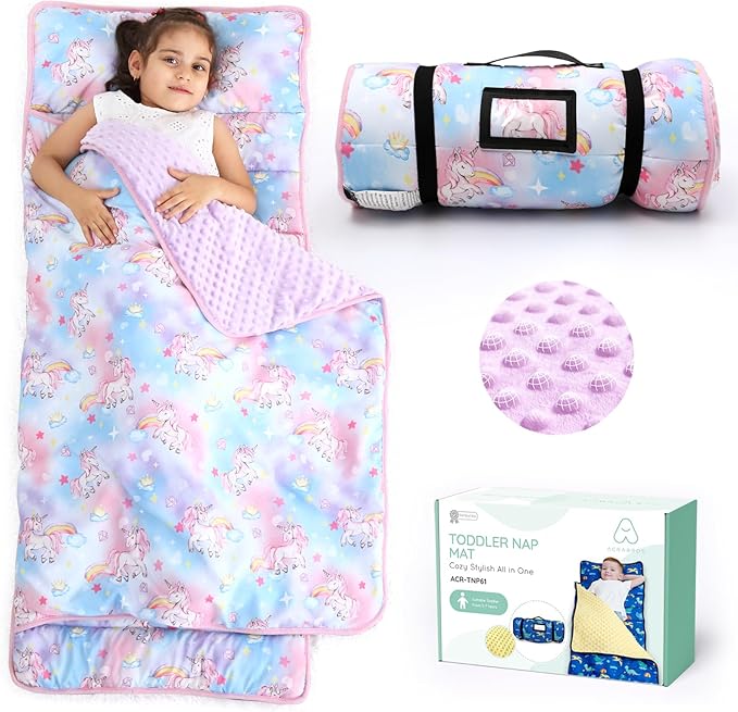 ACRABROS Toddler Nap Mat with Pillow and Blanket, Large Rolled Napping Mats,Slumber Bags for Boys Girls,Kids Sleeping Bag for Daycare, Preschool Travel
