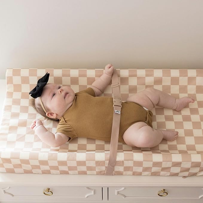 Tiny Twinkle Diaper Changing Pad for Dresser & Nursery Table – Waterproof, Wipeable & Mess-Proof Baby Changing Pad with Safety Strap, Non-Slip Base & Removable Washable Cover(Beige Checkers)