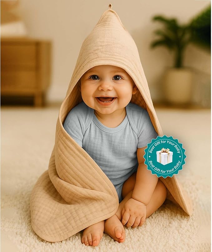 Chungie Soft Muslin Hooded Baby Towels 32x32 inches – 100% Cotton, 6-Layer Breathable Newborn Bath Towels with Hood, Pack of 2 (Printed + Embroidered)