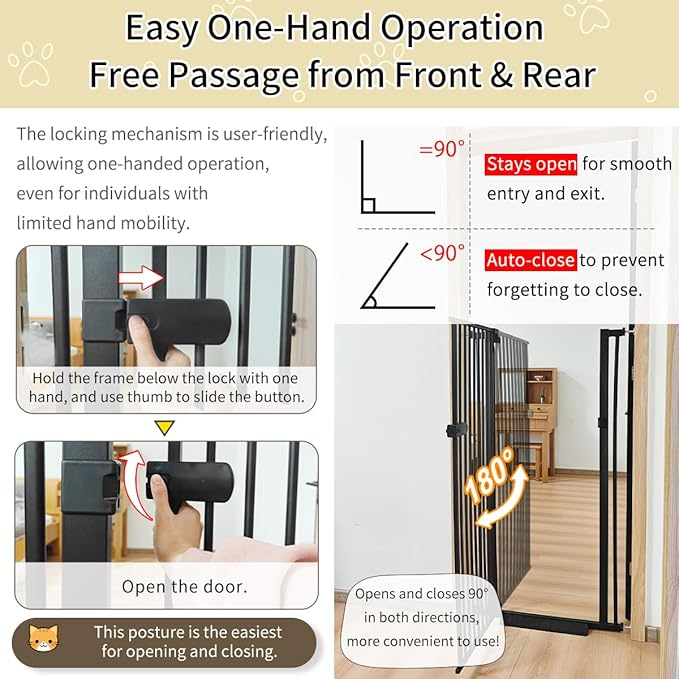 Lumizone Extra Tall Cat Gate 61.02" High Pressure Mounted Extra Wide 2025 New (17 Sizes) 1.37" Gap No Drilling Auto-Close One-Handed Operation Tall Pet Gate for Dogs(Black, 61.02" H x 34.25"-38.38" W)