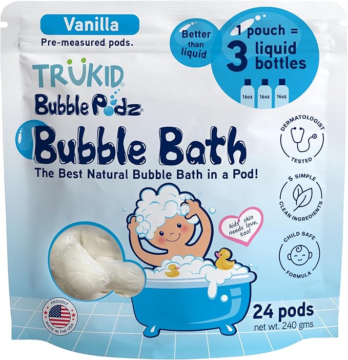 TruKid Bubble Podz Bubble Bath for Kids, Toddlers, & Babies, Tear Free Gentle & Refreshing Bath Bomb for Sensitive Skin with Natural Moisturizers, Non-Toxic, pH Balanced, Vanilla Scent (24 Podz)