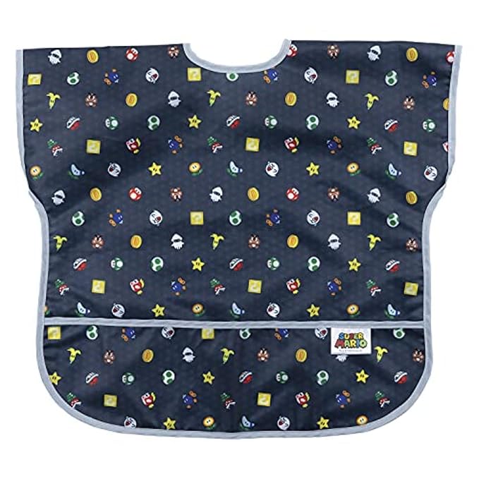 Bumkins Short Sleeve Bib for Girl or Boy, Toddler and Kids for 1-3 Years, Large Size, Essential Must Have for Junior Children, Eating, Mess Saving Soft Fabric Apron for Play, Nintendo Super Mario